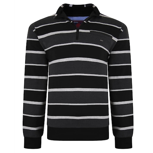 KAM Stripe Funnel Neck Sweater Black